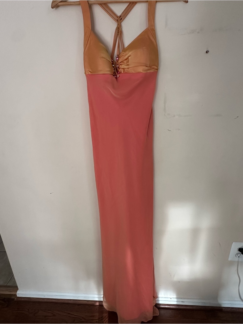 Sleeveless Two-Tone Coral and Gold Evening Dress
